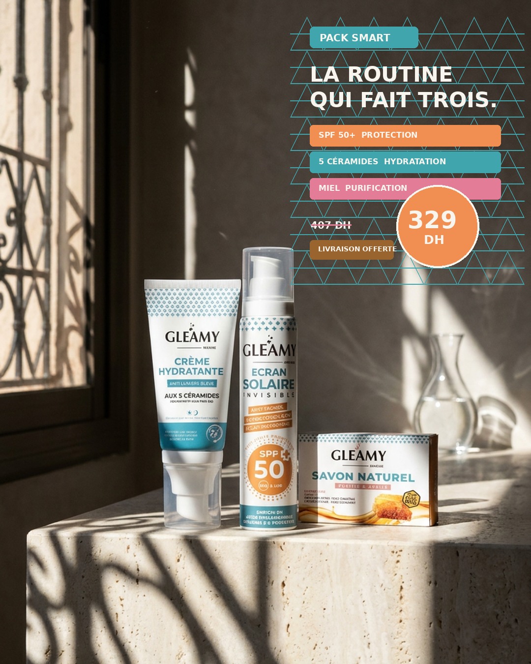 Gleamy sun and shadow skincare advertisement