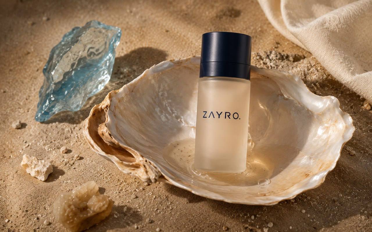 ZAYRO fragrance bottle standing in a shell on sunlit sand