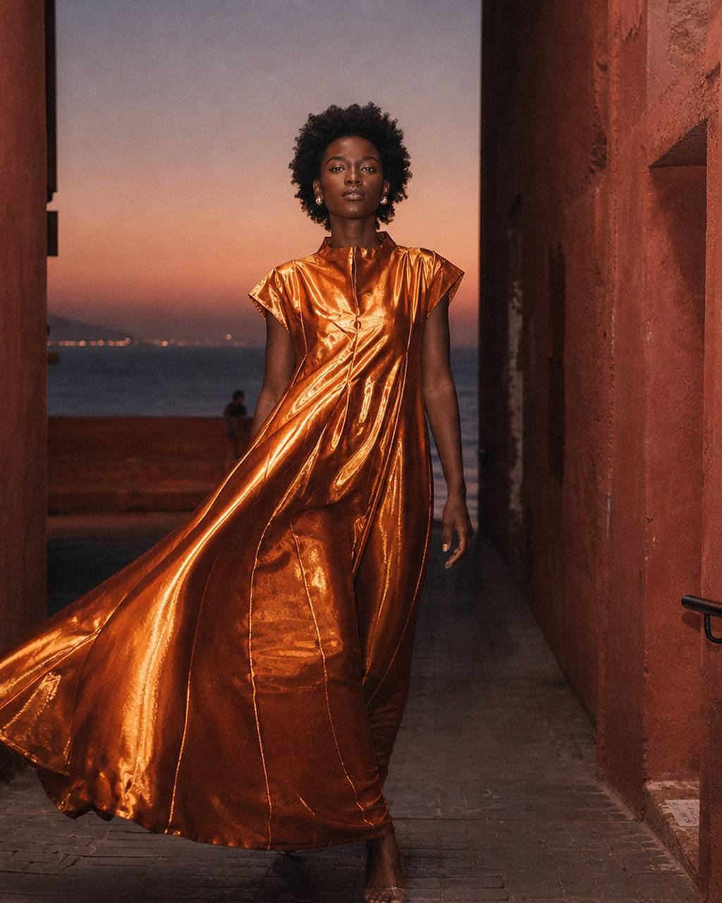Fashion model in a metallic copper dress at sunset