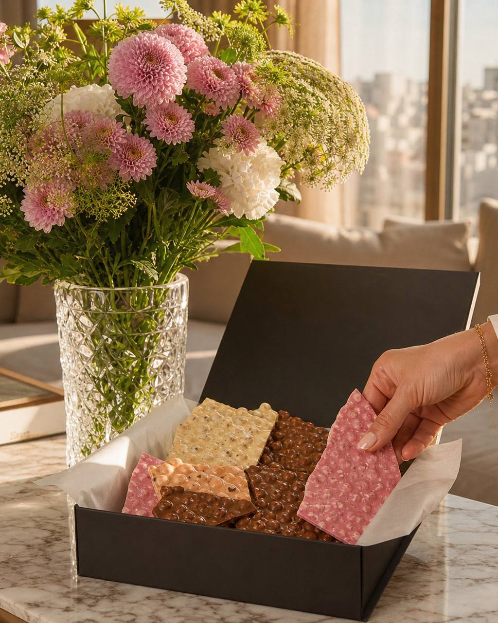 Luxury confectionery gift box beside fresh flowers
