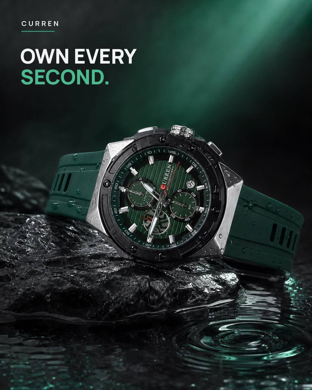 CURREN green chronograph watch product advertisement