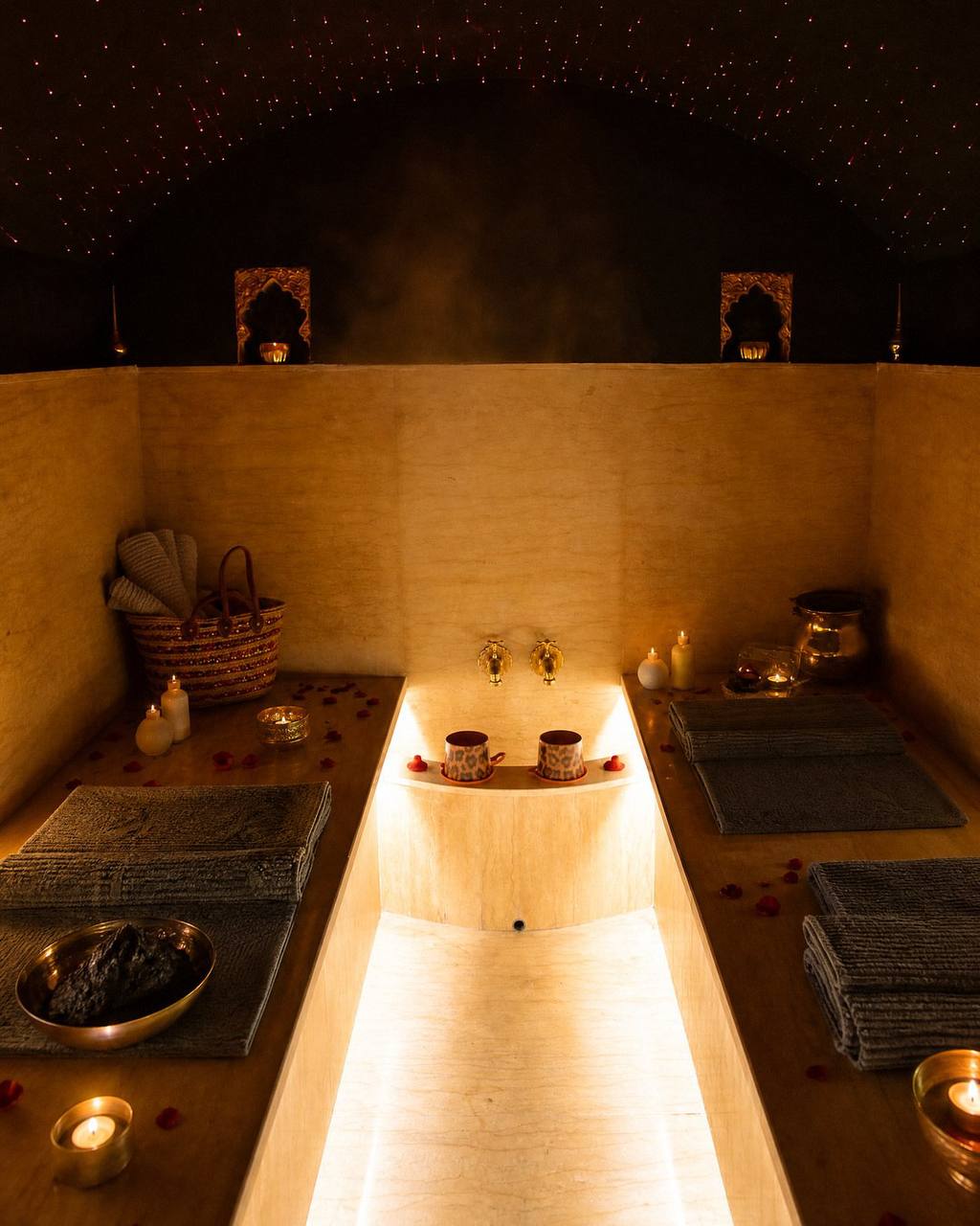 Candlelit Moroccan wellness and hammam interior