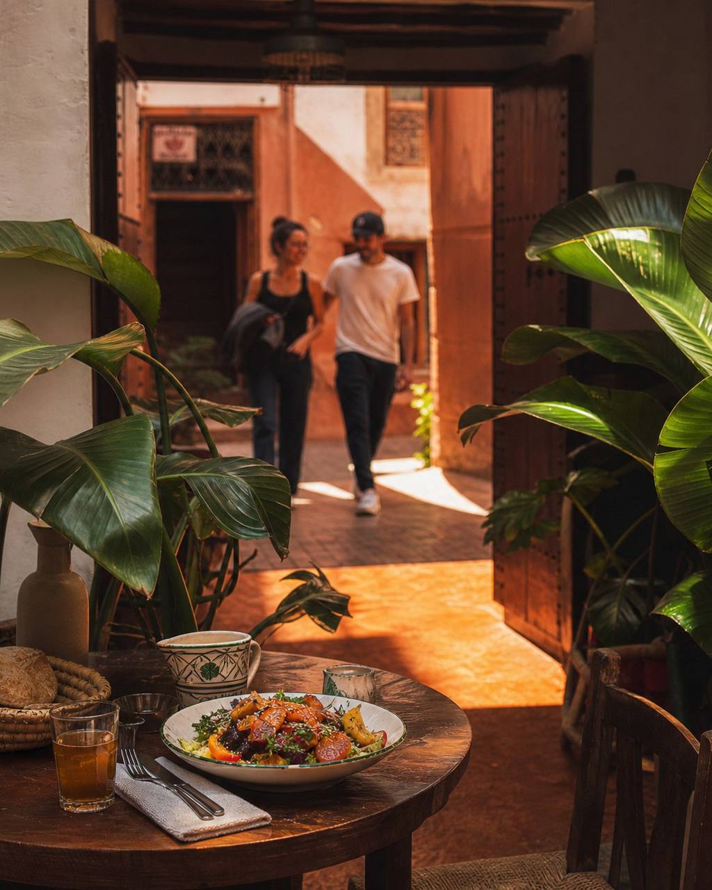 Sunlit Moroccan restaurant entrance with a plated dish