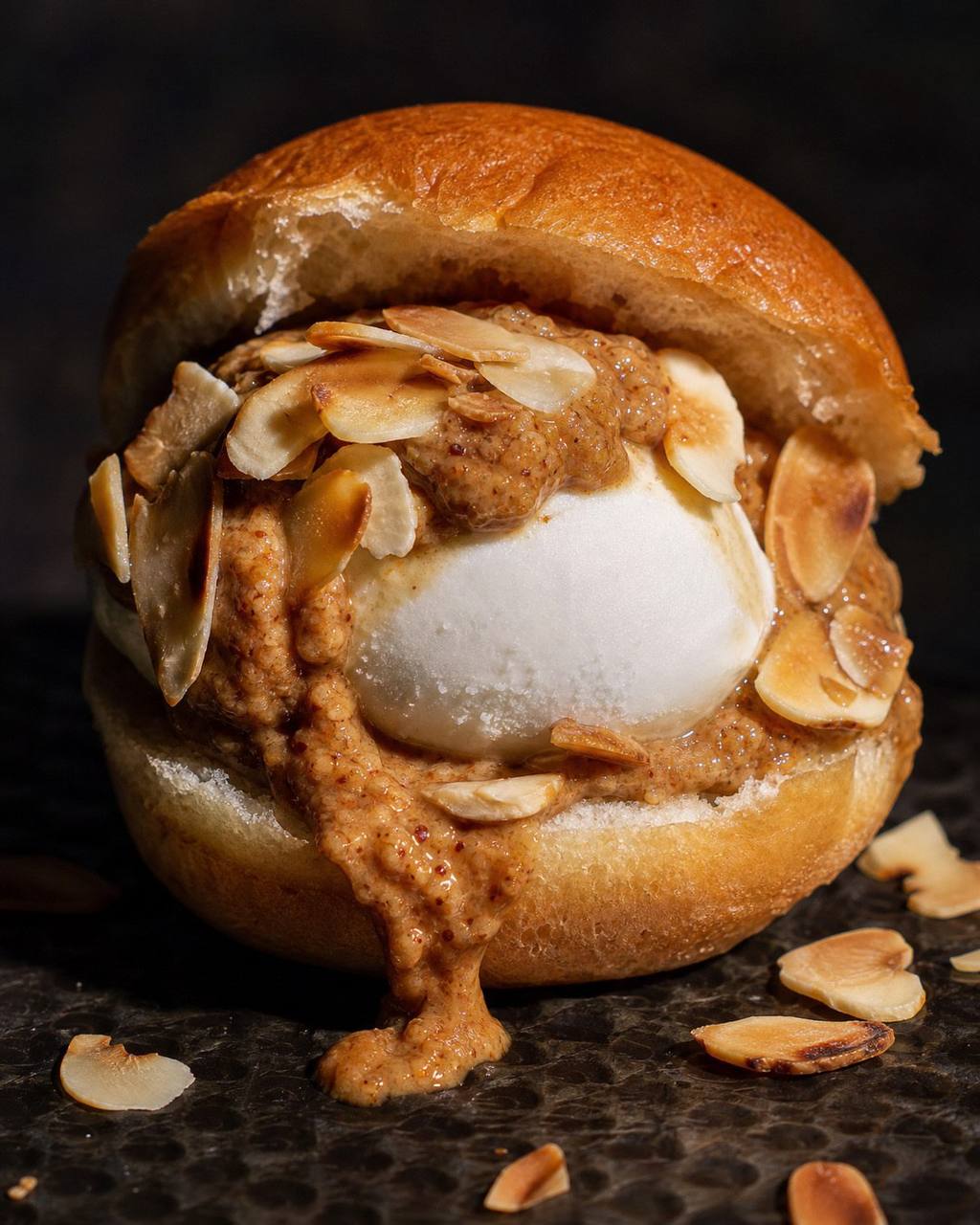 Ice cream brioche with almond praline product photography