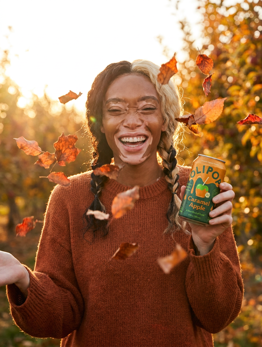 Woman holding an OLIPOP Caramel Apple soda outdoors among autumn leaves
