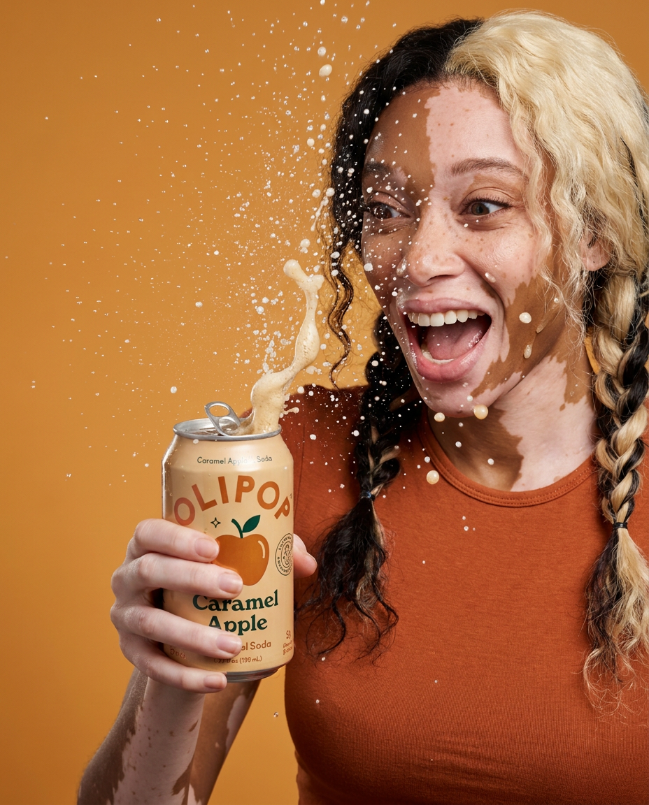 Woman opening an OLIPOP Caramel Apple soda with a dramatic splash