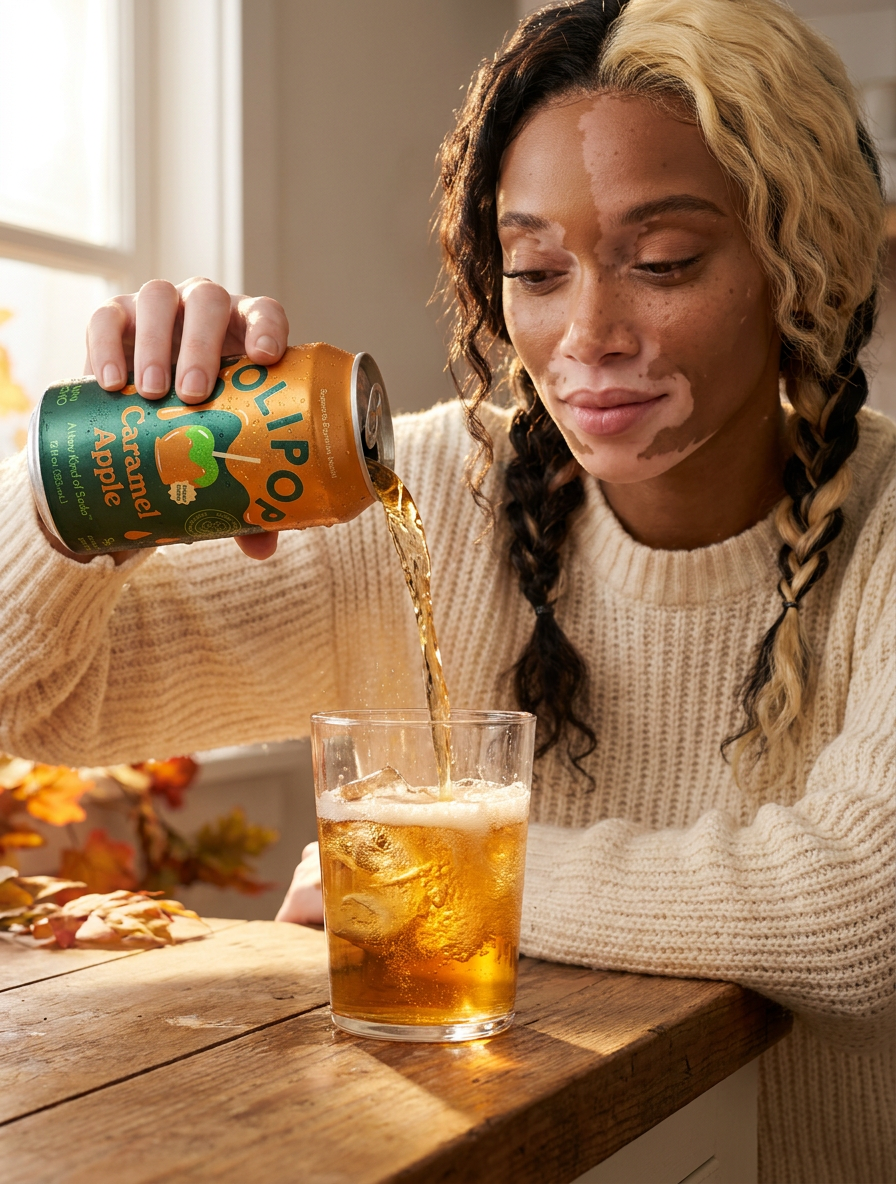 Woman pouring OLIPOP Caramel Apple soda into a glass in warm autumn light