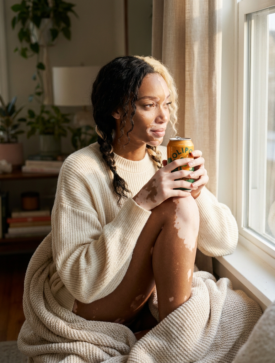 Woman relaxing by a sunlit window with an OLIPOP Caramel Apple soda