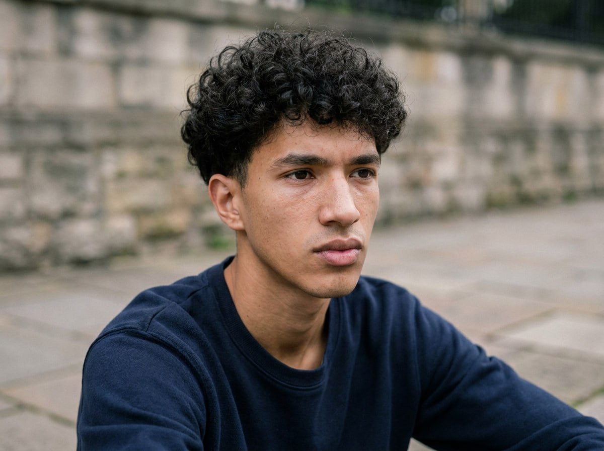 Young man in a navy sweatshirt photographed outdoors in soft daylight