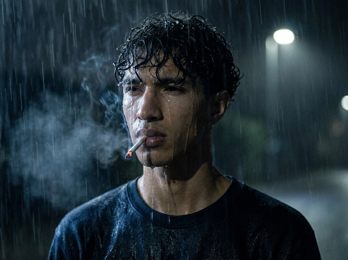 Cinematic night portrait of a young man smoking in heavy rain