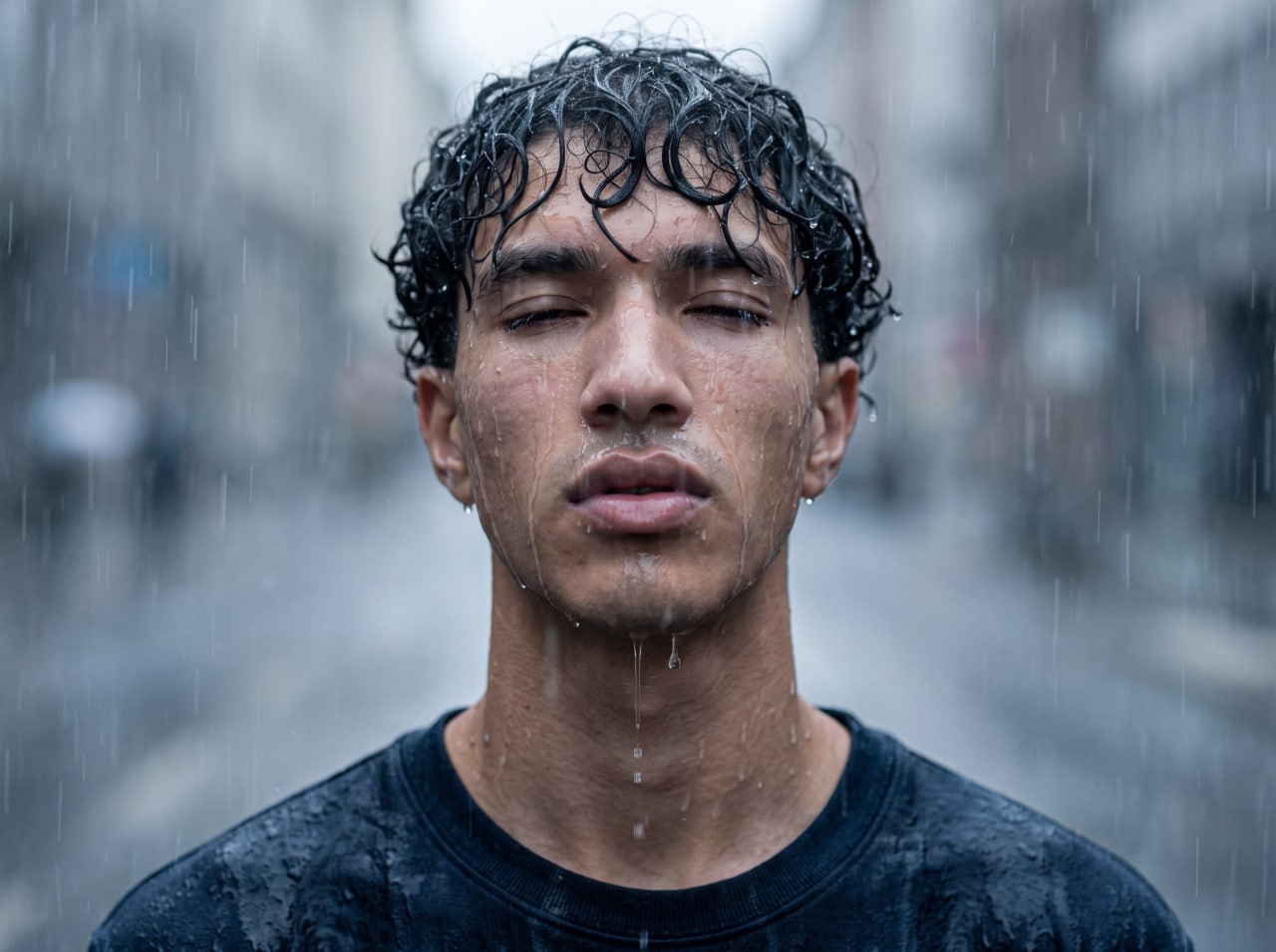 Close frontal portrait of a young man standing in rain