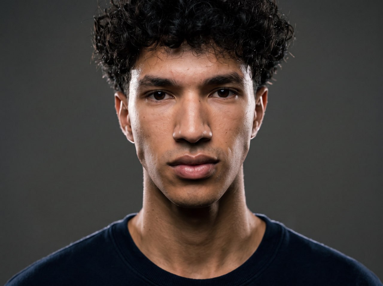 Centered studio headshot of a young man in a navy shirt