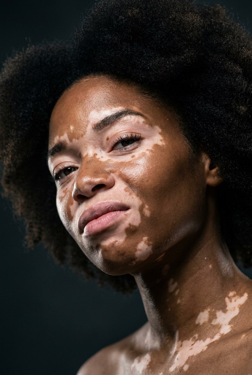 Low-angle editorial portrait of a woman with vitiligo against a dark background