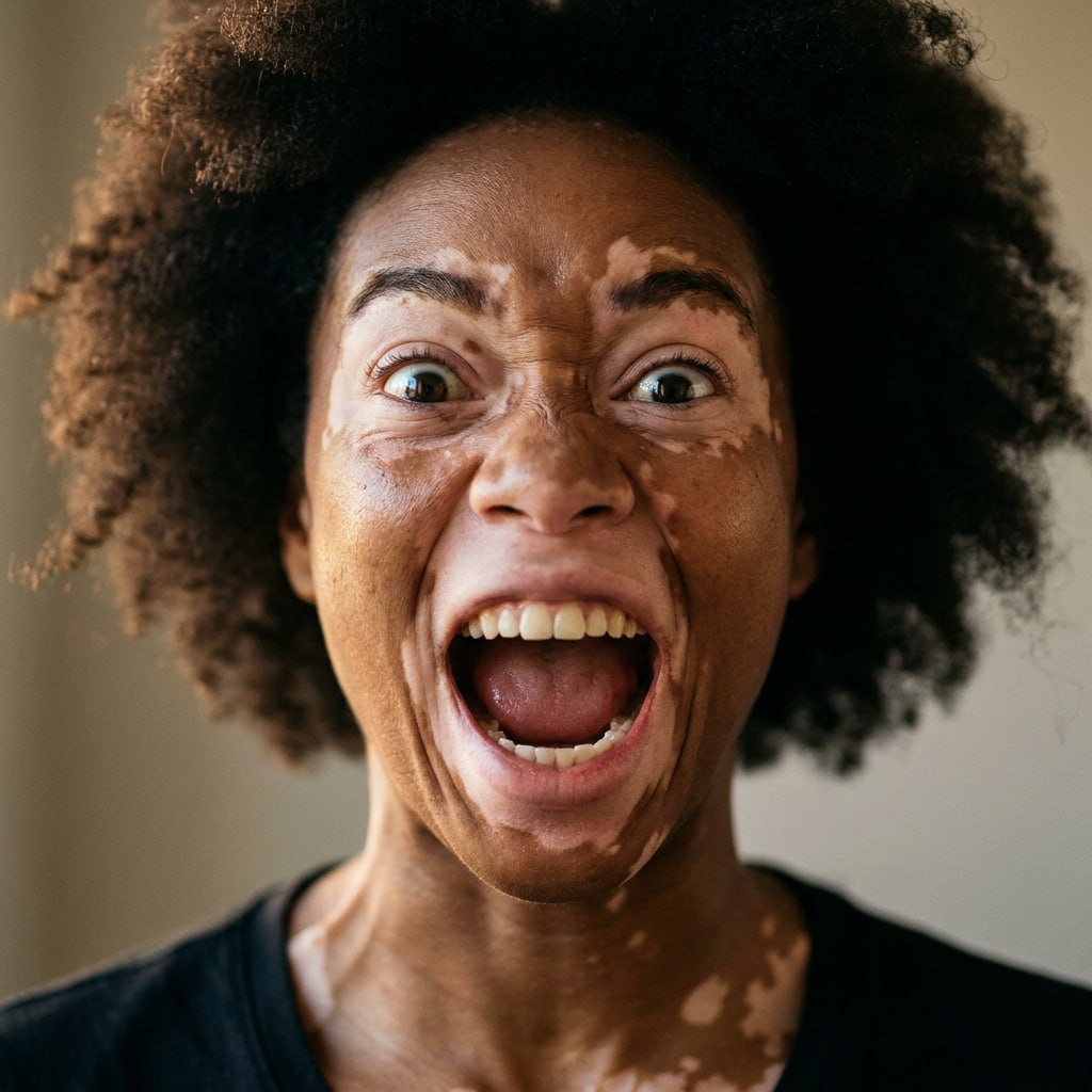 Expressive joyful portrait of a woman with vitiligo