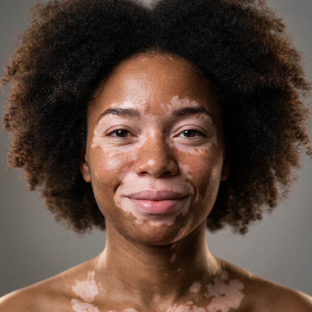Smiling woman with vitiligo in a softly lit studio portrait