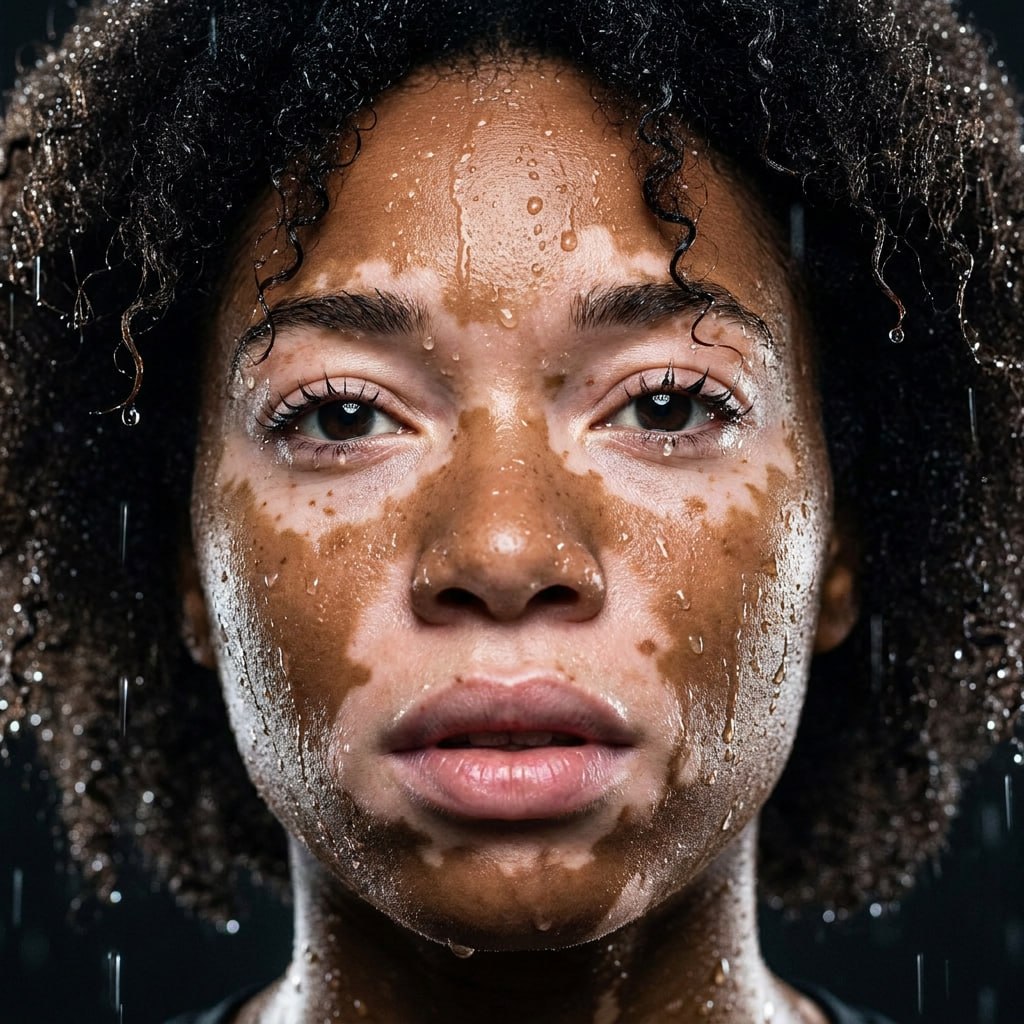 Direct beauty portrait of a woman with vitiligo in falling rain