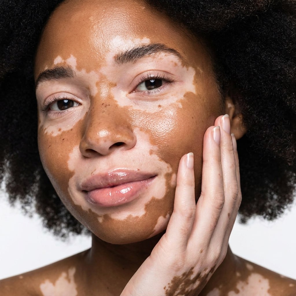 Close beauty portrait of a woman with vitiligo touching her cheek